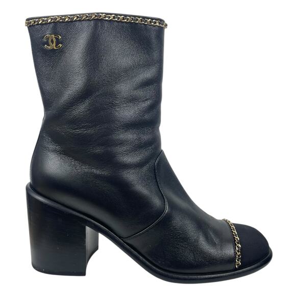 Chanel Coco Mark Logo Cap Toe Chain Short Leather Boots Black Size 39 - Picture 1 of 16